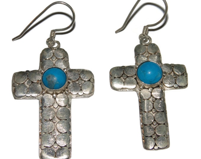 925 Vintage Estate Boho Sterling Silver Dangle Drop Turquoise Southwestern Cross Hammered Earrings Jewelry Jewellery Birthday Gift For Her