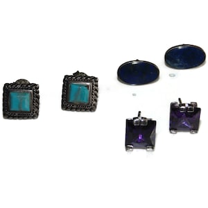 Vintage .925 Sterling Silver Studs: Turquoise, Amethyst, or Lapis Lazuli