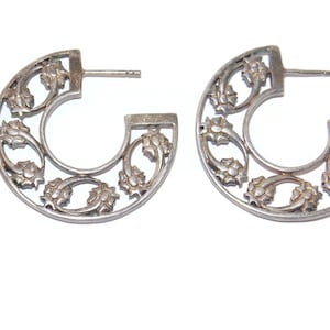 Vintage Sterling Silver Floral Hoop Earrings: Ornate Cutout Jewelry