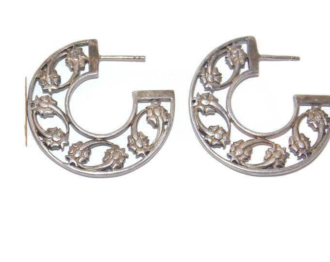 925 Vintage Estate Sterling Silver Earrings Ornate Open Wide Cut Out Hoops Flowers Hoop Pierced Jewelry Jewellery Birthday Gift For Her