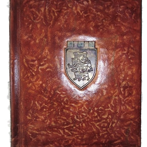 Vintage Brown Leather Bound Book NoteBook Hard Covers Brass Cress LIONS Journal Folder Portfolio Menu Organizer Officiant Wedding Vow Gift