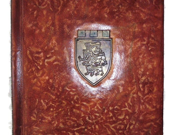 Vintage Brown Leather Bound Book NoteBook Hard Covers Brass Cress LIONS Journal Folder Portfolio Menu Organizer Officiant Wedding Vow Gift