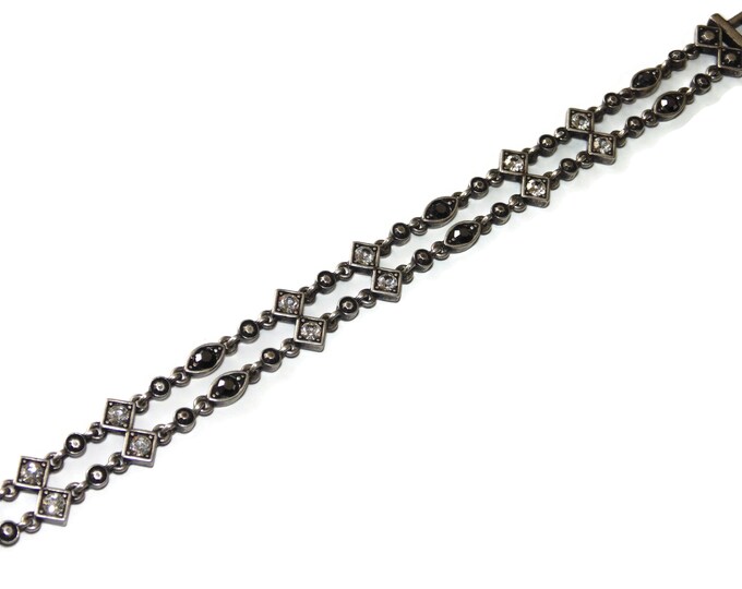 925 Vintage Estate Sterling Silver Bracelet Fantastic Double Chain Clear and Black Cubic Zirconia 7.5" Boho Jewelry Birthday Gift For Her