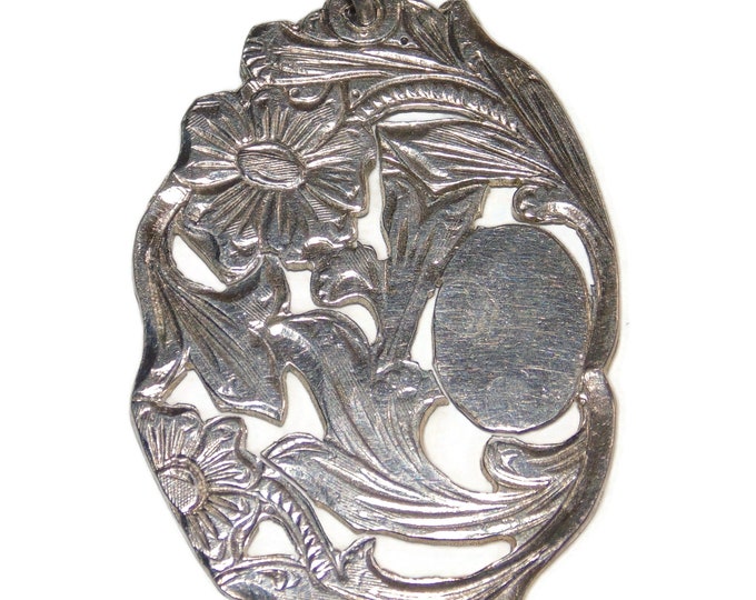 Antique Vintage Estate Sterling Silver Victorian French Cut Out Flowers Leaves Monogram Place Large Pendant Jewelry Birthday Gift For Her