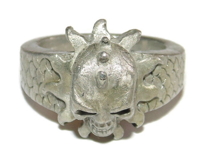 Men's Vintage Estate Massive Heavy Statement Pewter Skull Bones Rocker Biker Ring Signet US Size 11.5 Jewelry Birthday Gift For Him