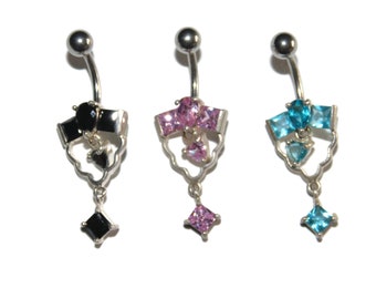 New Surgical Steel Navel Piercing Bar Sterling Silver Dangle Blue Pink Black Rhinestones Belly Button Ring Gift For Her Hypoallergenic