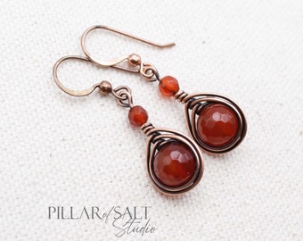 Red Carnelian Gemstone & Copper Wire wrapped earrings
