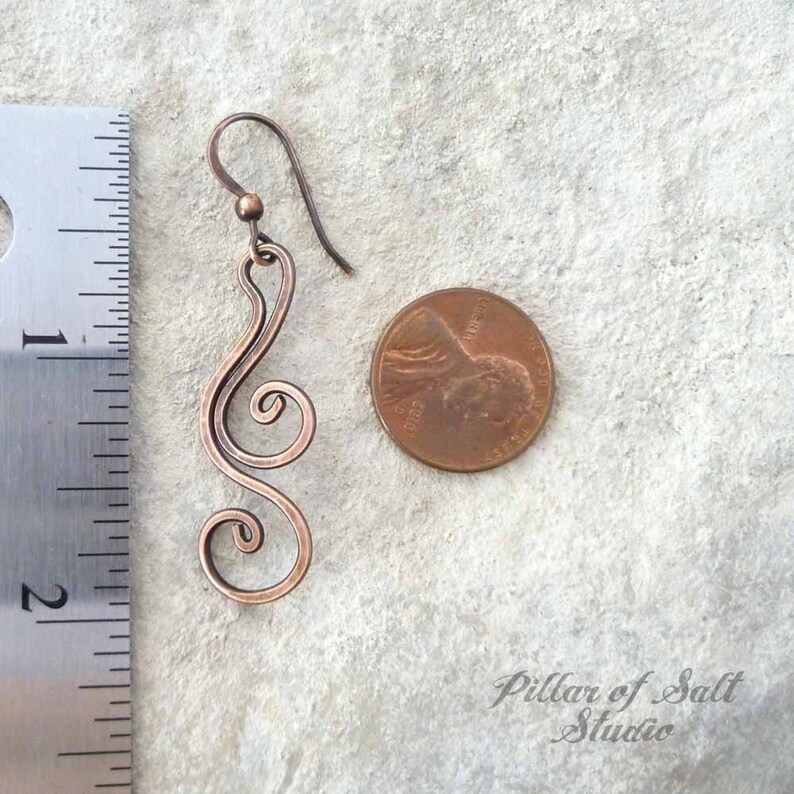earthy rustic copper dangle flourish spiral wire jewelry Solid copper earrings wire wrapped jewelry handmade Wire wrapped earrings