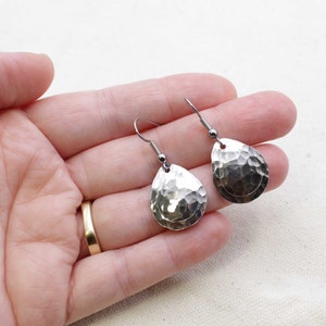 Hammered aluminum teardrop earrings surgical steel earwires lightweight 10th anniversary gift image 5