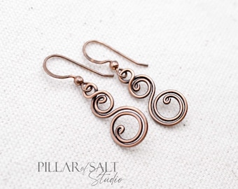 Solid Copper Wire Wrapped Earrings - Handmade Jewelry - Earthy Rustic Antiqued Spiral Earrings