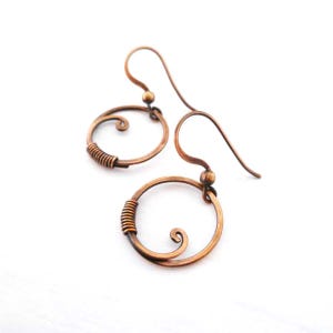 Small Copper Circle Hoop Earrings Copper Jewelry Handcrafted Wire Wrapped Earrings, Earthy Rustic Boho Casual Everyday, Gift for Her