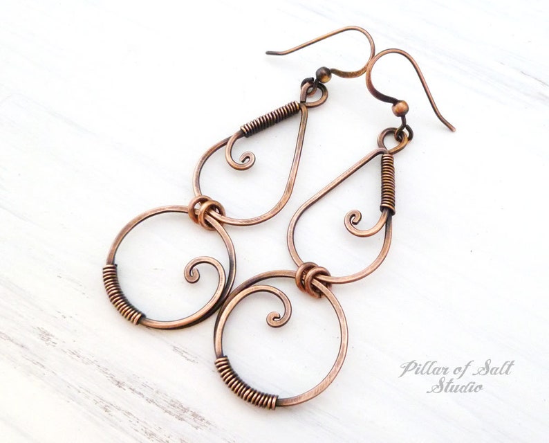 Long Copper Wire Wrapped Earrings Solid Copper Earrings Etsy