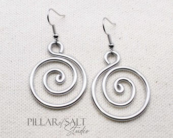 Silver Spiral Aluminum earrings with Stainless steel ear wires - Lightweight - 10th anniversary gift for wife