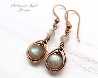 Copper Wire Wrapped Earrings with Labradorite Gemstone