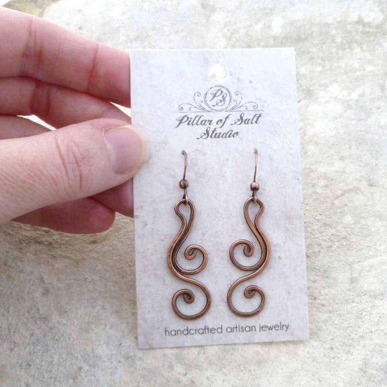 earthy rustic copper dangle flourish spiral wire jewelry Solid copper earrings wire wrapped jewelry handmade Wire wrapped earrings