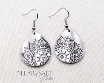 Mandala Teardrop Aluminum Earrings - Stainless Steel earwires - Lightweight - 10th anniversary gift