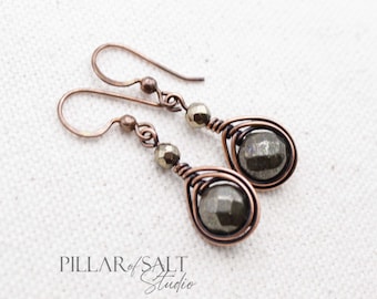 Pyrite & Copper Earrings - Wire wrapped jewelry handmade - 7th anniversary gift for her