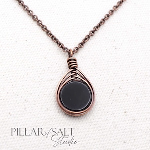 Black Onyx Small Copper Wire wrapped Pendant Necklace - Handmade 7th Anniversary Gift for Women