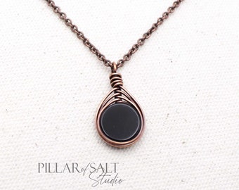 Black Onyx Small Copper Wire wrapped Pendant Necklace - Handmade 7th Anniversary Gift for Women