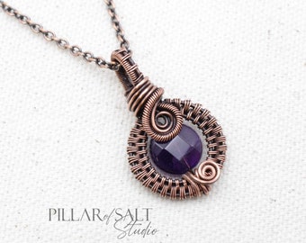 Small Amethyst Wire Wrapped Copper Pendant Necklace - February Birthstone