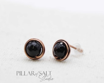 Black Onyx Copper Stud Earrings - small 8mm black gemstone post earrings - 7th Anniversary Gift for Wife