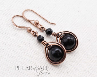 Copper & Black Onyx Wire Wrapped Earrings - Handmade 7th anniversary gift for her