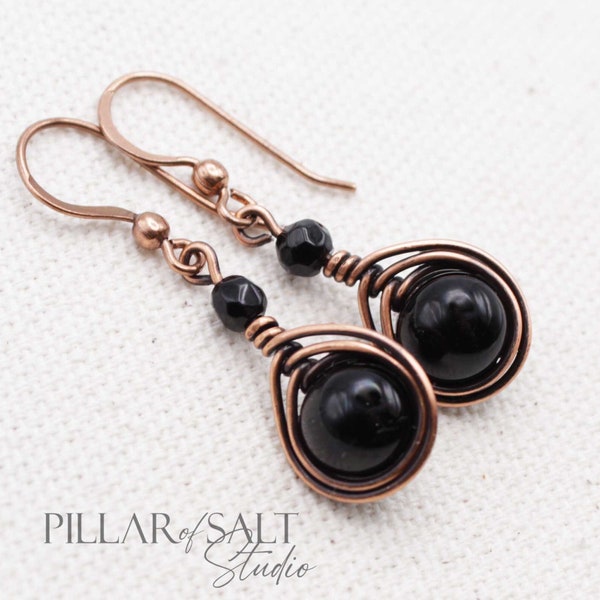 Copper & Black Onyx Wire Wrapped Earrings - Handmade 7th anniversary gift for her