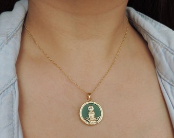 Kuan Yin Chinese Green Jade Necklace • Emerald Candy Jade Goddess of Compassion Circle Pendant, 18K Gold Chain • Jade Jewelry Gift for her