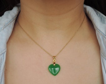 Heart Shape Chinese Green Jade Necklace • Emerald Candy Light Dark Green Jade Silver or Gold Detailed Necklace • Jade Jewelry Gift for her