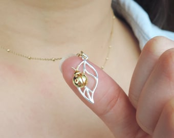 Ladybug Necklace • 3D Gold LadyBug on Sterling Silver Detailed cut-out Leaf • Dainty Jewelry Best Friend Mother Daughter Gift for her