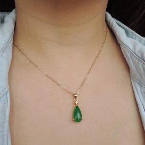 TEARDROP Chinese Green Jade Necklace • Emerald Candy Green Jade Pendant,Silver or Gold Chain,Cubic Zirconia Stone Accent • Jade Jewelry Gift