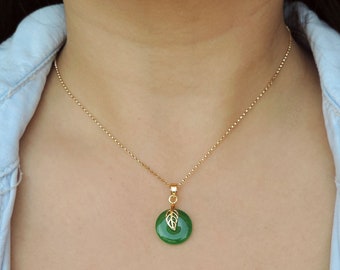 Chinese Jade Circle Halo with Leaf Necklace • Dainty Silver or Gold Detailed Tiny Leaf on Green Jade Disc Pendant Choker • Jade Jewelry Gift