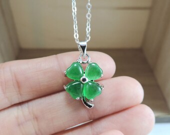 Chinese Green Jade Lucky Four-Leaf Clover Necklace • Green Jade Clover with Silver Details • Good Luck Necklace,Flower Jewelry,Gift for Her