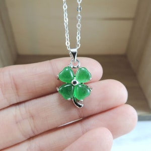 Chinese Green Jade Lucky Four-Leaf Clover Necklace • Green Jade Clover with Silver Details • Good Luck Necklace,Flower Jewelry,Gift for Her