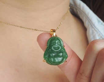 Tiny GOOD FORTUNE Green Jade Happy Buddha Necklace • Emerald Candy Green Pendant Silver or Gold Detailed, Buddha Necklace • Buddhist Jewelry