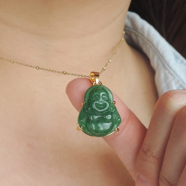 Tiny GOOD FORTUNE Green Jade Happy Buddha Necklace • Emerald Candy Green Pendant Silver or Gold Detailed, Buddha Necklace • Buddhist Jewelry