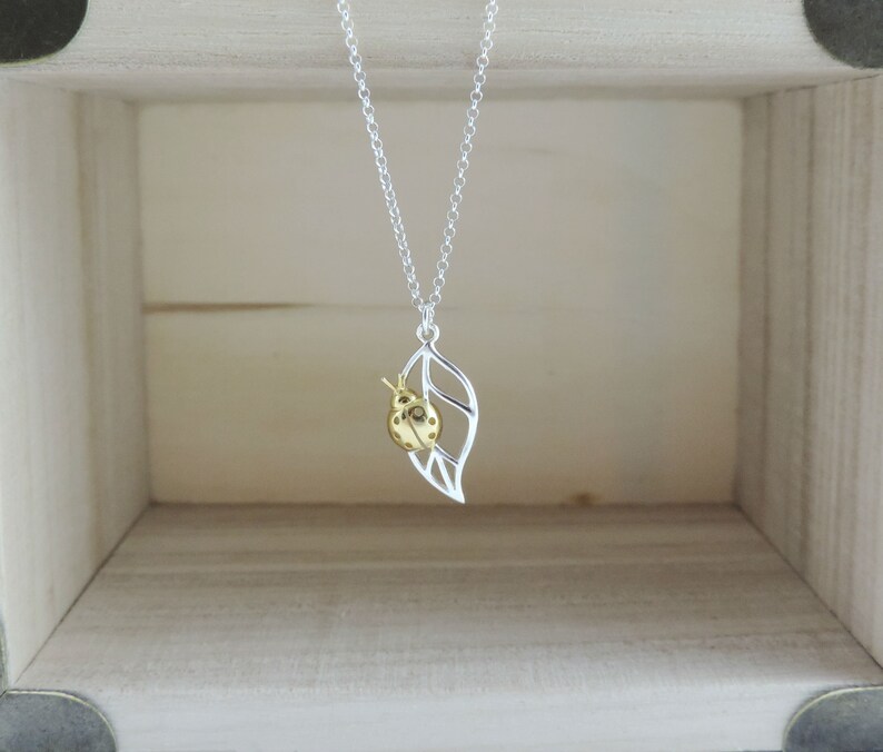 Ladybug Necklace \u2022 3D Gold LadyBug on Sterling Silver Detailed cut-out Leaf \u2022 Dainty Jewelry Best Friend Mother Daughter Gift for her