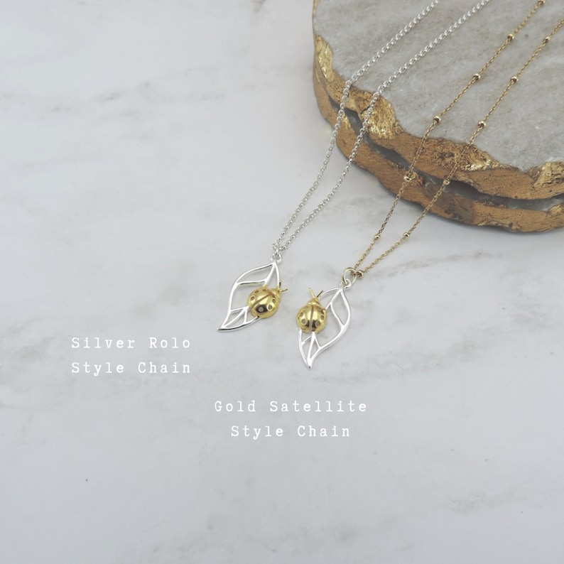 Ladybug Necklace \u2022 3D Gold LadyBug on Sterling Silver Detailed cut-out Leaf \u2022 Dainty Jewelry Best Friend Mother Daughter Gift for her