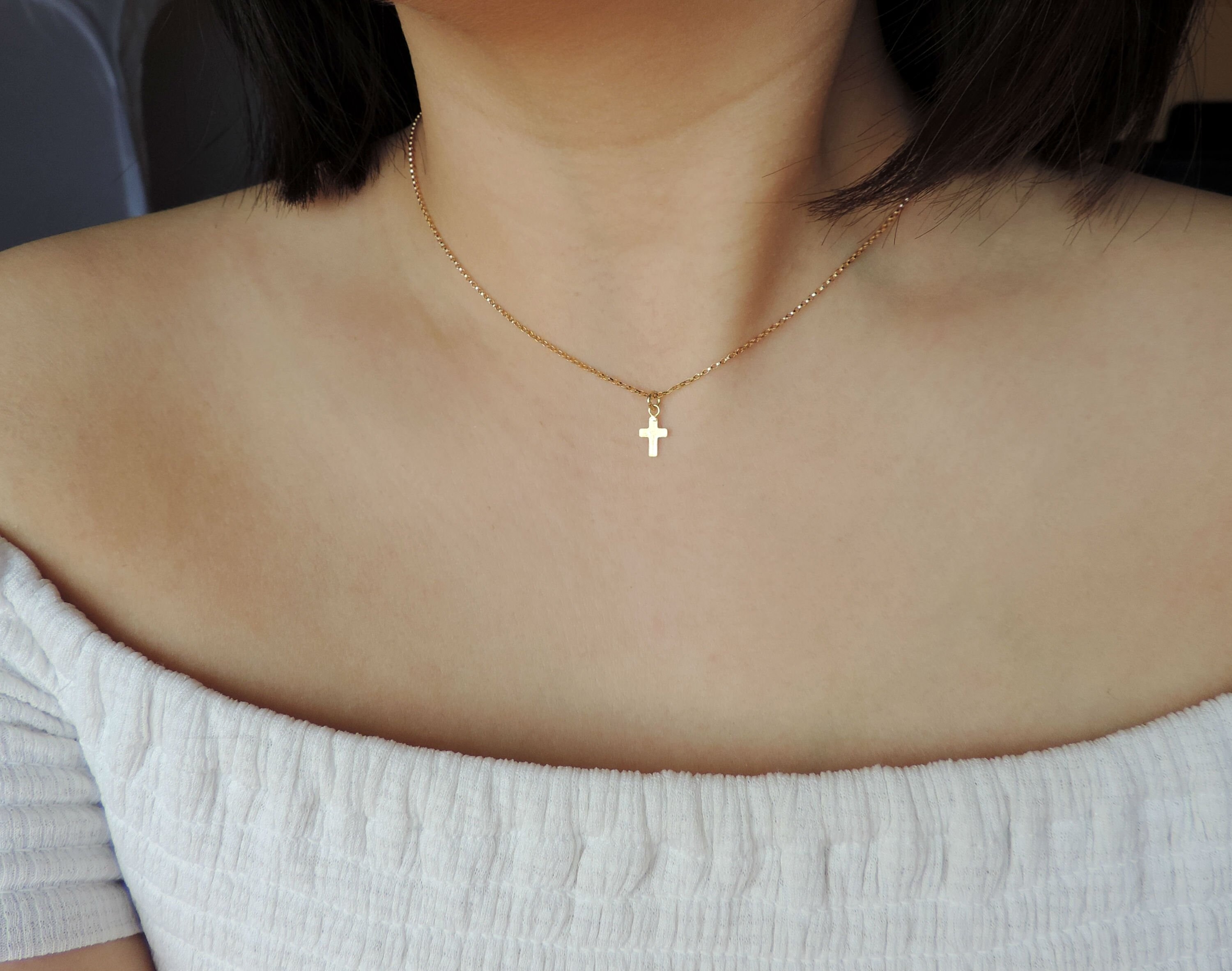 Very Tiny Gold Cross Necklace 18K Gold 