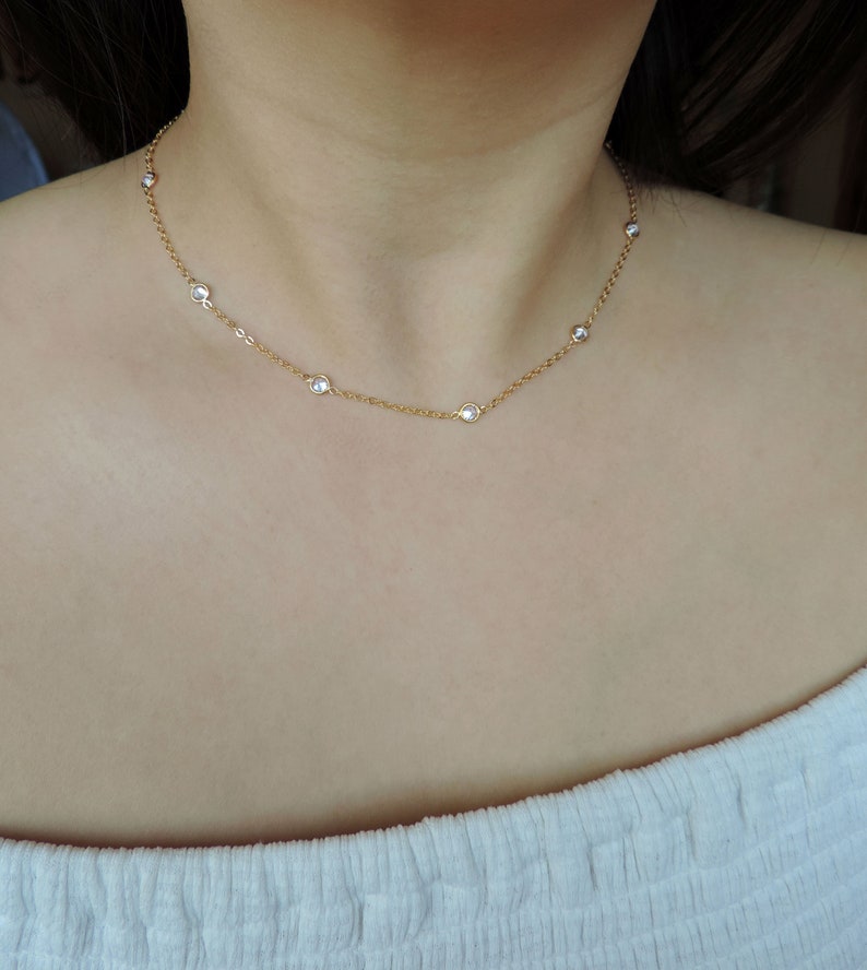 Tiny 14K Gold Filled CZ Diamond Station Necklace \u2022 Dainty Dangle Cubic Zirconia Necklace CZ Choker \u2022 Layering Necklace Bridesmaid Necklace