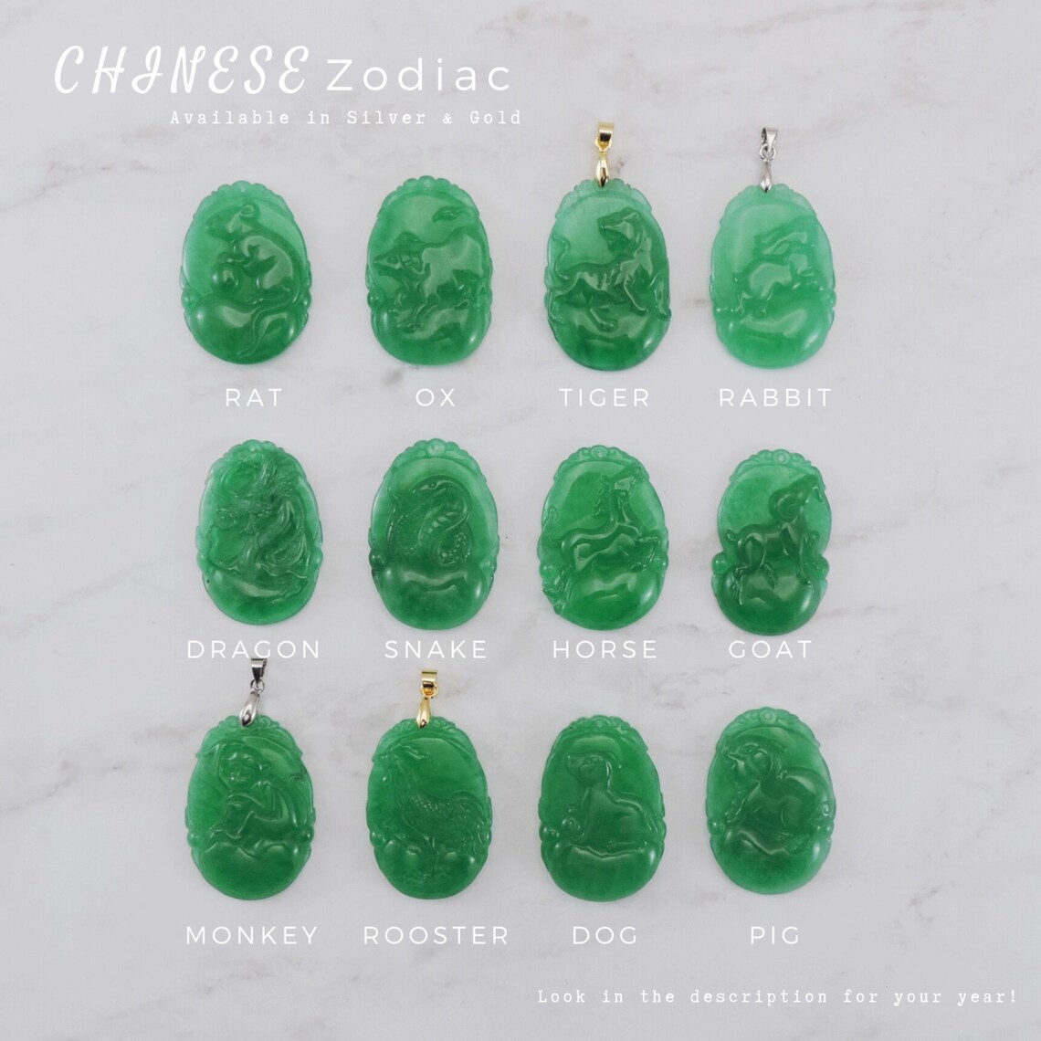Chinese Zodiac Jade Necklace Sterling Silver or 18K Gold Etsy