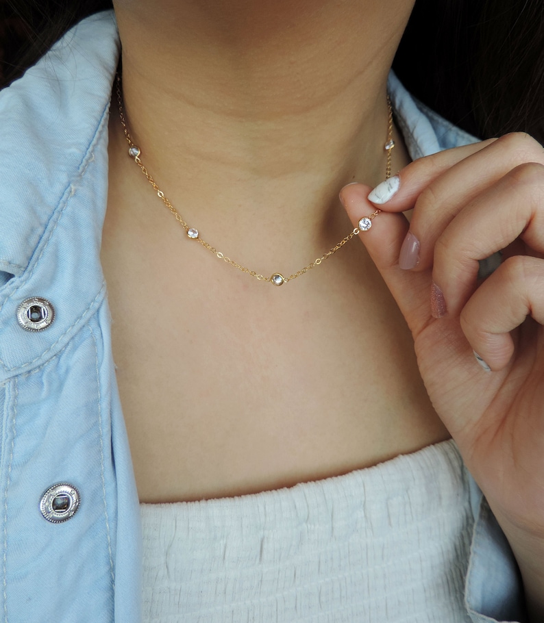 Tiny 14K Gold Filled CZ Diamond Station Necklace \u2022 Dainty Dangle Cubic Zirconia Necklace CZ Choker \u2022 Layering Necklace Bridesmaid Necklace