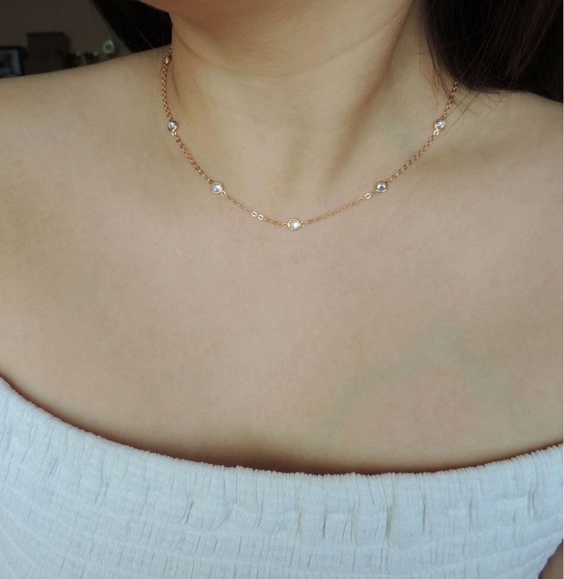 Tiny 14K Gold Filled CZ Diamond Station Necklace \u2022 Dainty Dangle Cubic Zirconia Necklace CZ Choker \u2022 Layering Necklace Bridesmaid Necklace