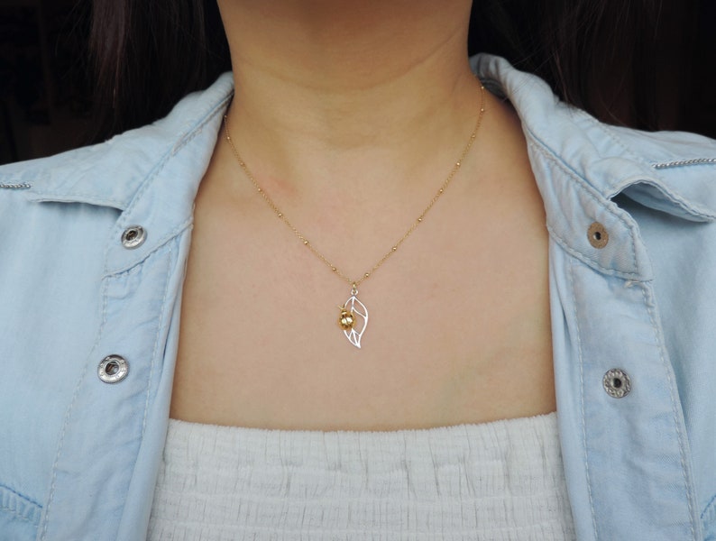 Ladybug Necklace \u2022 3D Gold LadyBug on Sterling Silver Detailed cut-out Leaf \u2022 Dainty Jewelry Best Friend Mother Daughter Gift for her