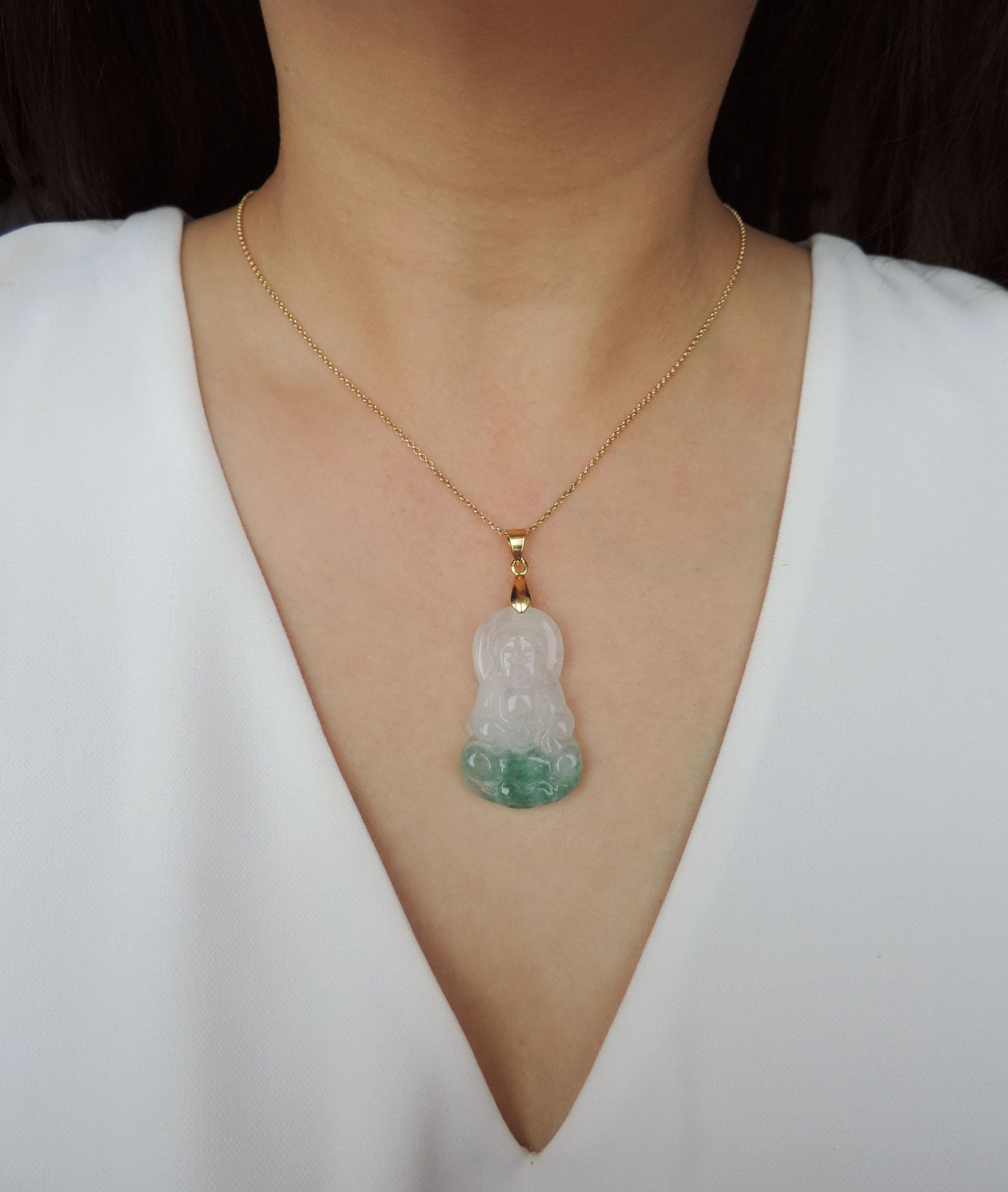 Large White Green Jade Buddha Necklace 