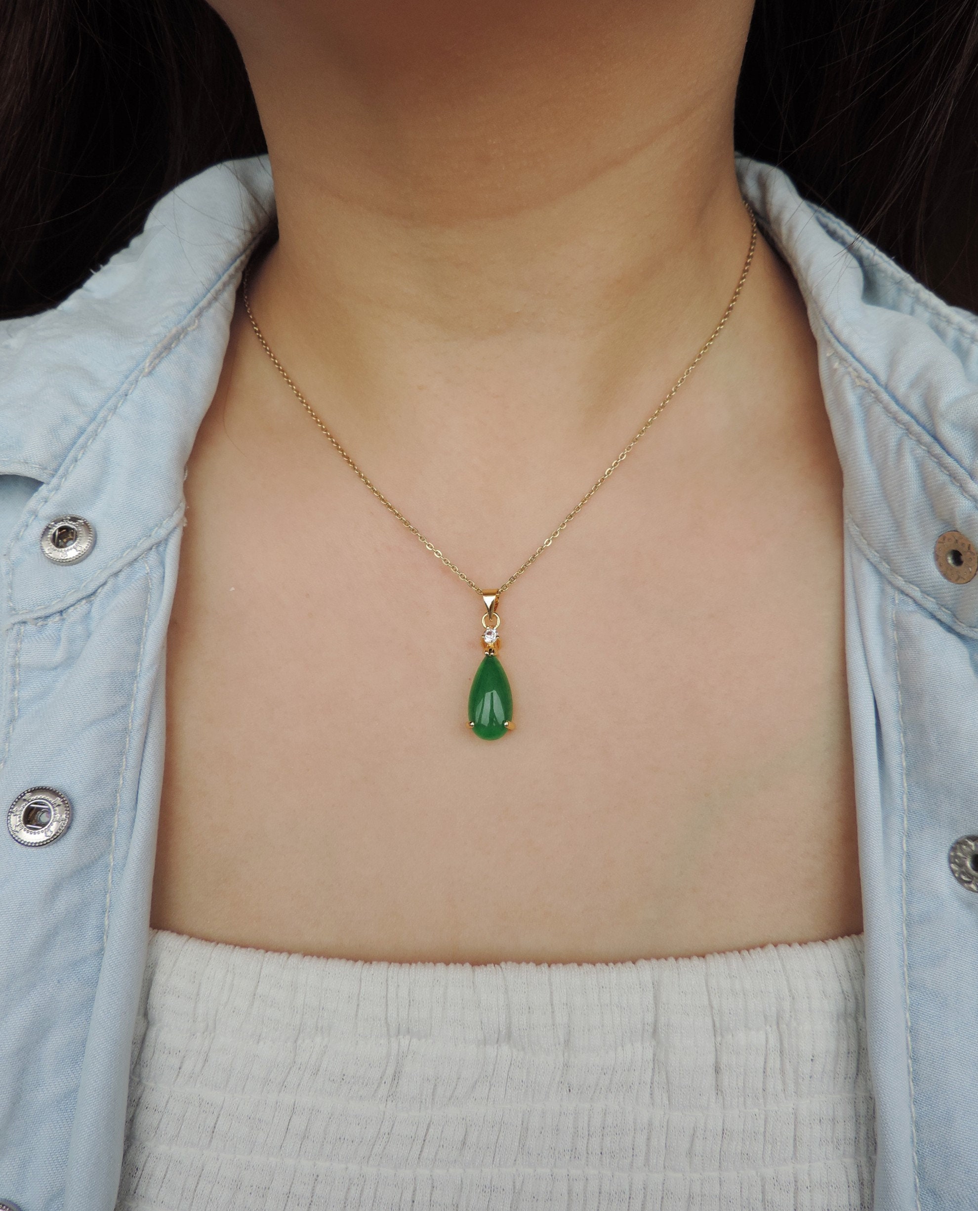 TEARDROP Chinese Green Jade Necklace • Emerald Candy Green