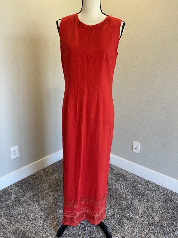 Vintage Coldwater Creek Sleeveless Linen Rayon Maxi Dress Sz 10 Embroidered  Bead