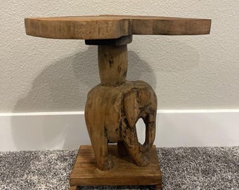 Vintage Artisan Hand Carved Wooden Elephant Side Table Or Plant Stand 16” Boho