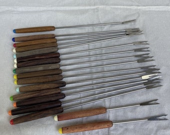 Vintage MCM 17 Stainless Steel Fondue Forks Wood Handle Color Coded Tips Japan