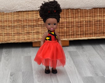 Poupée noire en robe imprimée africaine - Poupée aux cheveux bouclés noirs - Poupée africaine - Poupée bébé noire - Poupée africaine